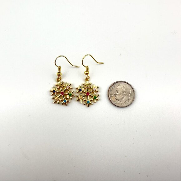 Gold Filled Snowflake Earrings Multicolor CZs Gold Filled French Hook Ear Wires - Picture 5 of 7
